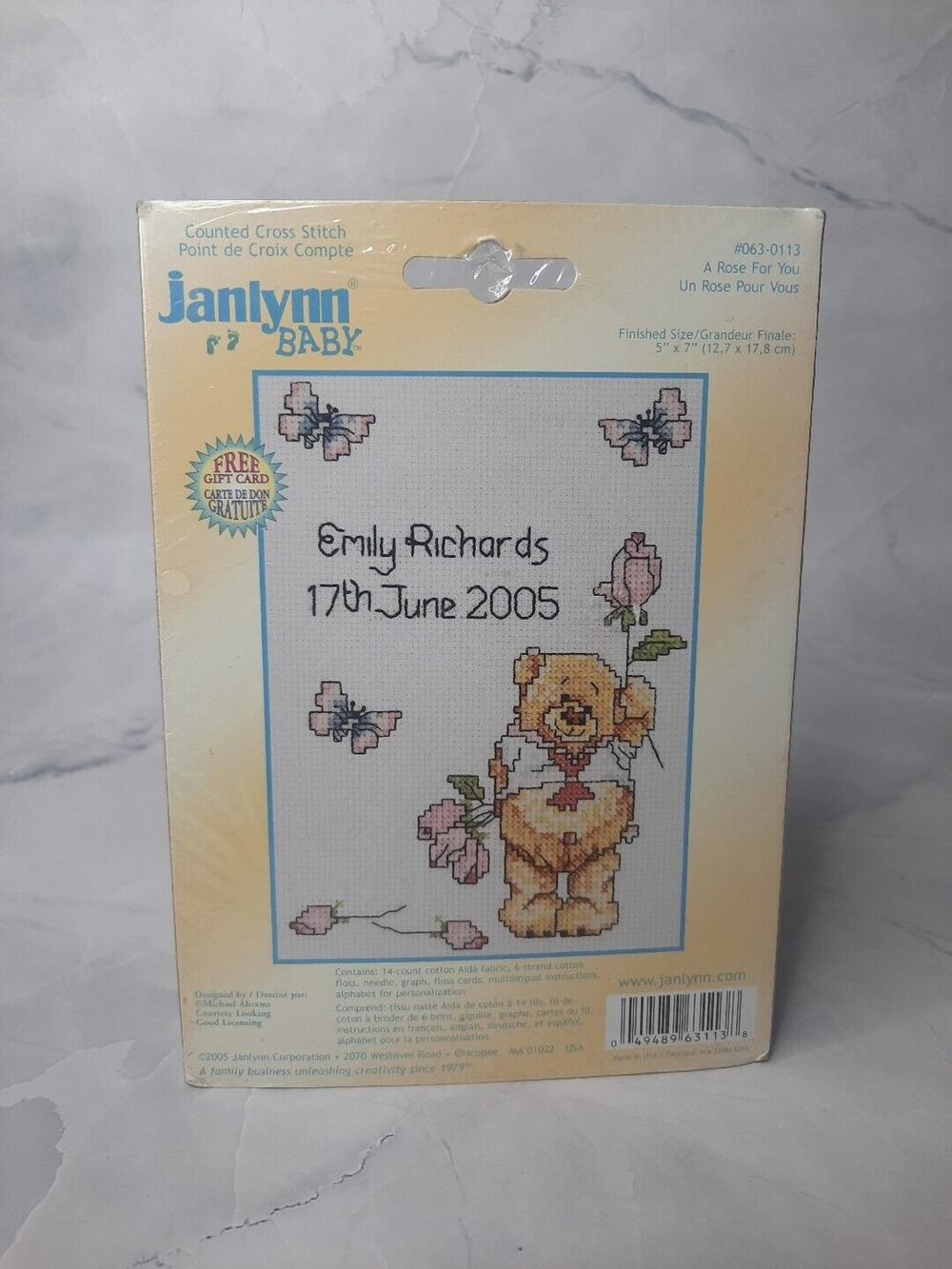 2005 Janlynn Baby Counted Cross Stitch Kit A Rose For You 5x7